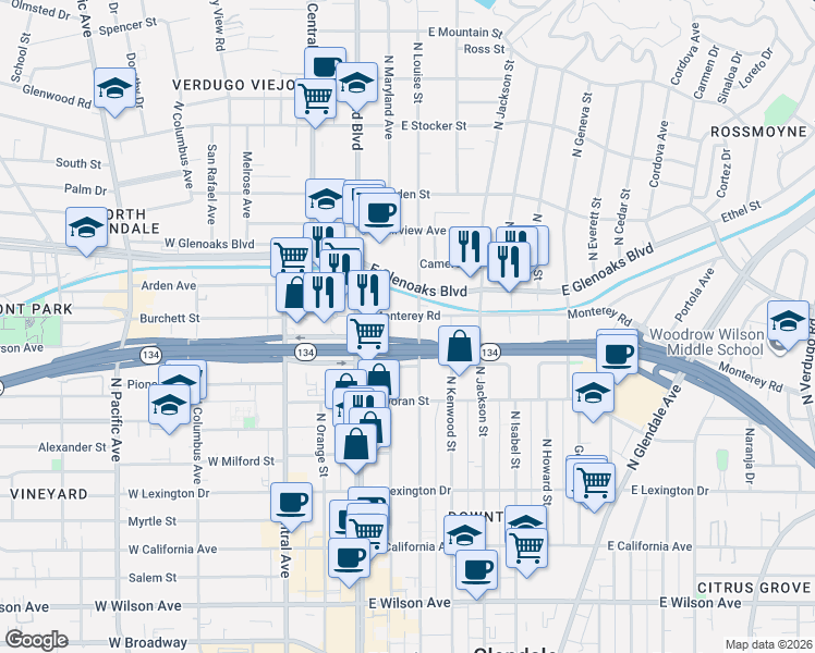 map of restaurants, bars, coffee shops, grocery stores, and more near 222 Monterey Road in Glendale