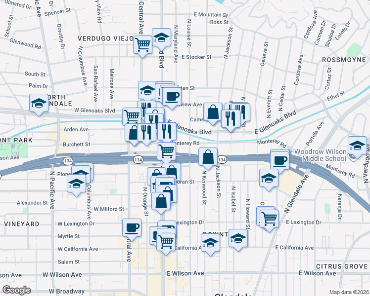 map of restaurants, bars, coffee shops, grocery stores, and more near 629 North Kenwood Street in Glendale