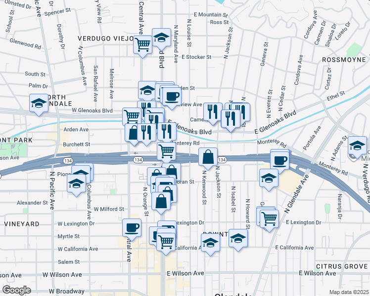 map of restaurants, bars, coffee shops, grocery stores, and more near 629 North Kenwood Street in Glendale