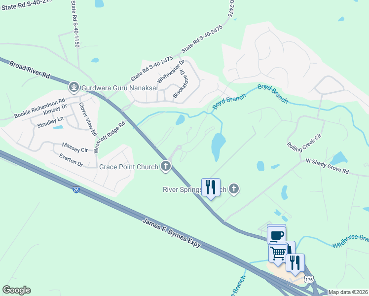 map of restaurants, bars, coffee shops, grocery stores, and more near 1 Whetstone Creek Court in Irmo