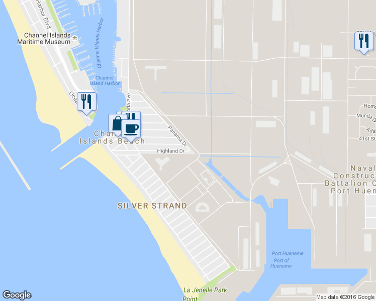 map of restaurants, bars, coffee shops, grocery stores, and more near 389 Highland Dr in Oxnard