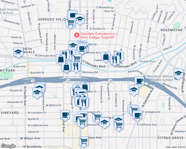 map of restaurants, bars, coffee shops, grocery stores, and more near 222 Monterey Road in Glendale