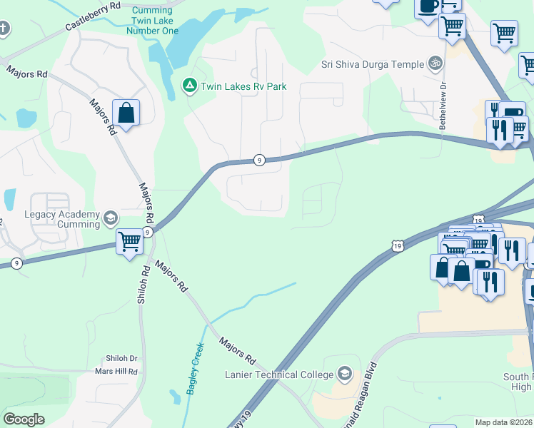 map of restaurants, bars, coffee shops, grocery stores, and more near 3110 Cross Creek Drive in Cumming