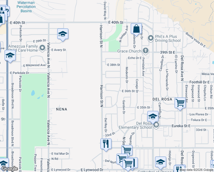 map of restaurants, bars, coffee shops, grocery stores, and more near 1119 Montrose Avenue in San Bernardino