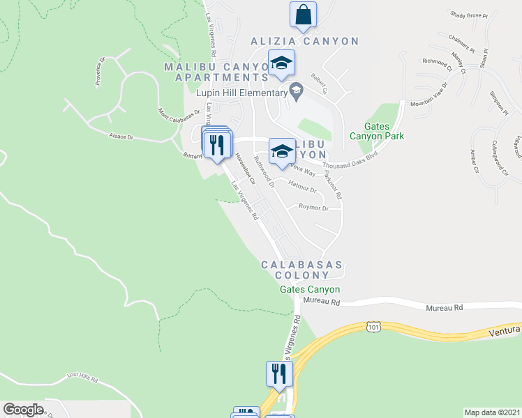 map of restaurants, bars, coffee shops, grocery stores, and more near 5514 Las Virgenes Road in Calabasas