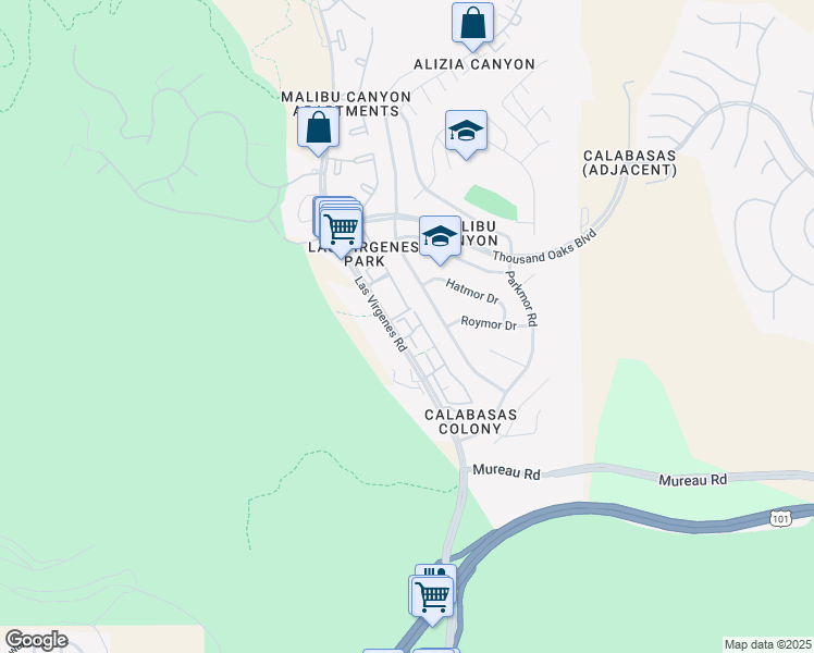 map of restaurants, bars, coffee shops, grocery stores, and more near 5514 Las Virgenes Road in Calabasas