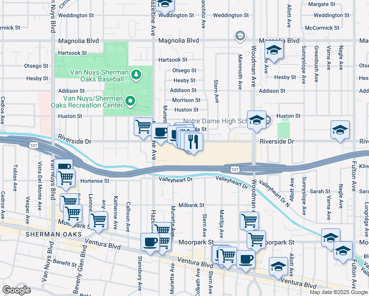map of restaurants, bars, coffee shops, grocery stores, and more near 14006 Riverside Drive in Los Angeles