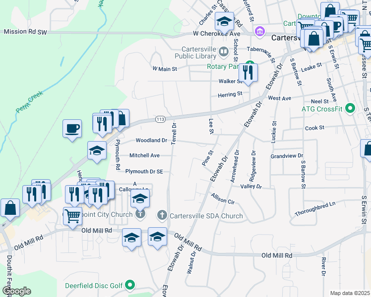 map of restaurants, bars, coffee shops, grocery stores, and more near 10 Woodland Drive in Cartersville