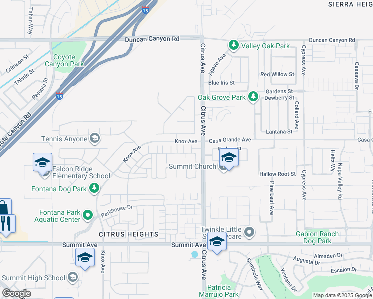 map of restaurants, bars, coffee shops, grocery stores, and more near 5337 Teramo Lane in Fontana