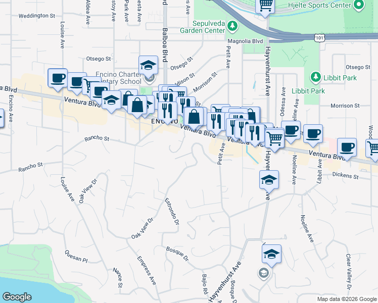 map of restaurants, bars, coffee shops, grocery stores, and more near 16733 Oak View Drive in Los Angeles