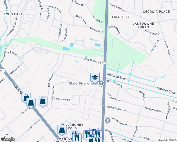 map of restaurants, bars, coffee shops, grocery stores, and more near 4503 Jasmine Cove Way in Wilmington