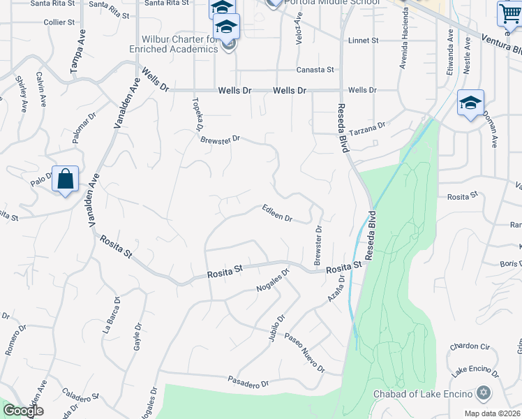 map of restaurants, bars, coffee shops, grocery stores, and more near 18818 Edleen Drive in Los Angeles