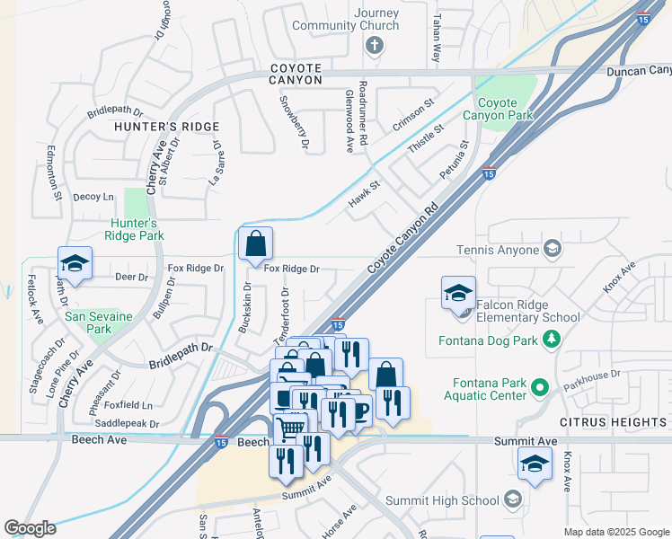 map of restaurants, bars, coffee shops, grocery stores, and more near Fox Ridge Drive & Crane Street in Fontana