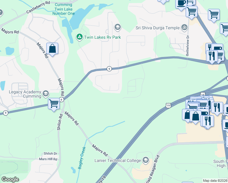 map of restaurants, bars, coffee shops, grocery stores, and more near 3114 Cross Creek Drive in Cumming