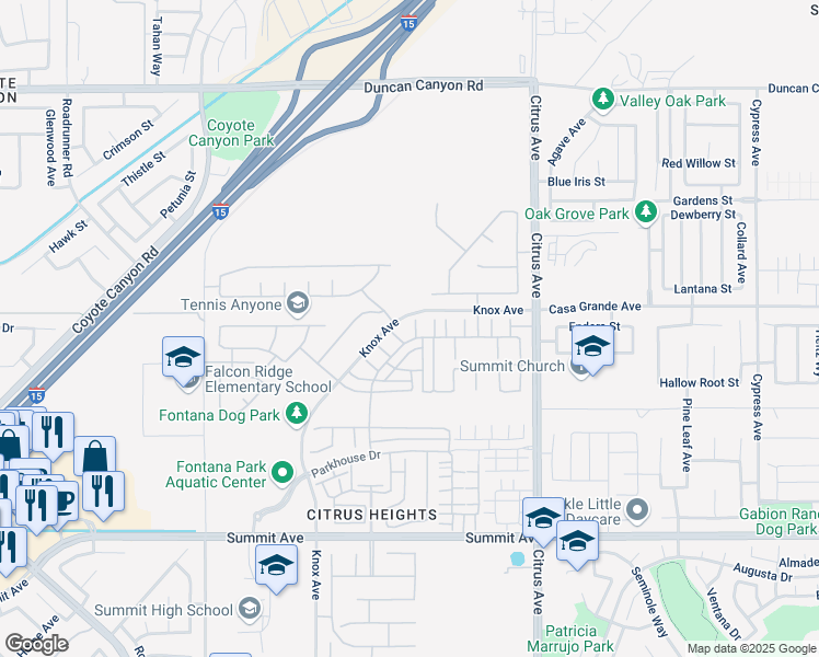 map of restaurants, bars, coffee shops, grocery stores, and more near 5322 Casoria Way in Fontana