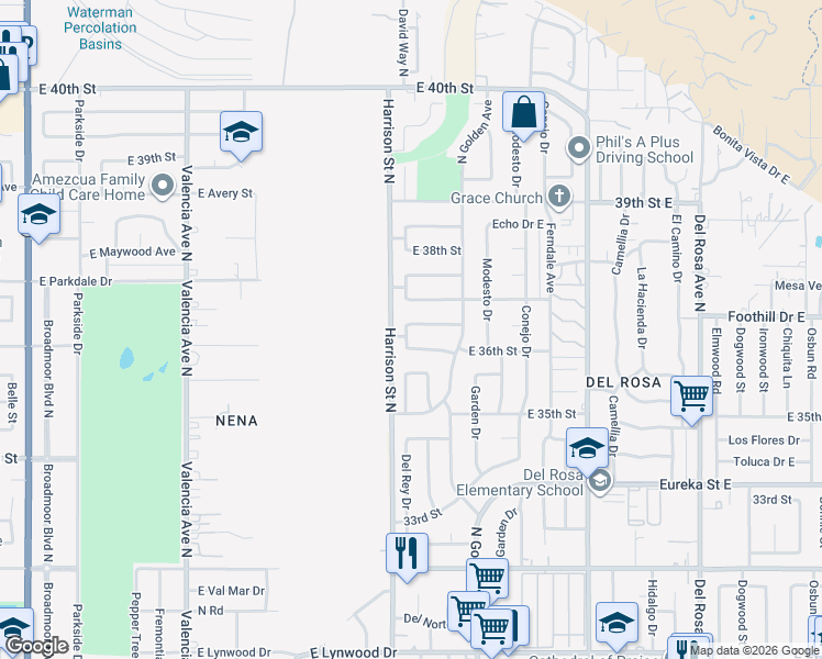 map of restaurants, bars, coffee shops, grocery stores, and more near 1119 Montrose Avenue in San Bernardino