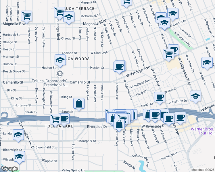 map of restaurants, bars, coffee shops, grocery stores, and more near 10240 Camarillo Street in Los Angeles