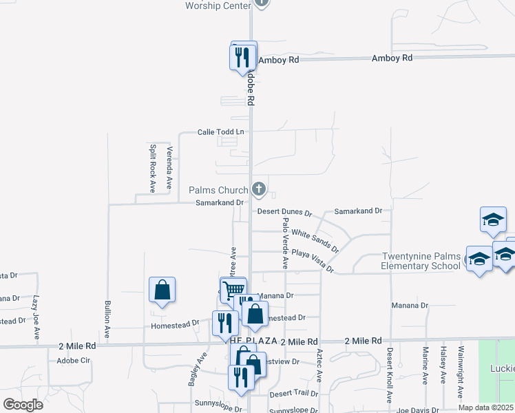 map of restaurants, bars, coffee shops, grocery stores, and more near 73751 Desert Dunes Drive in Twentynine Palms