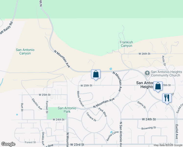 map of restaurants, bars, coffee shops, grocery stores, and more near 2507 Spring Terrace in Upland