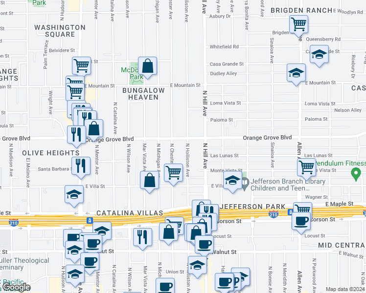 map of restaurants, bars, coffee shops, grocery stores, and more near 601 North Holliston Avenue in Pasadena