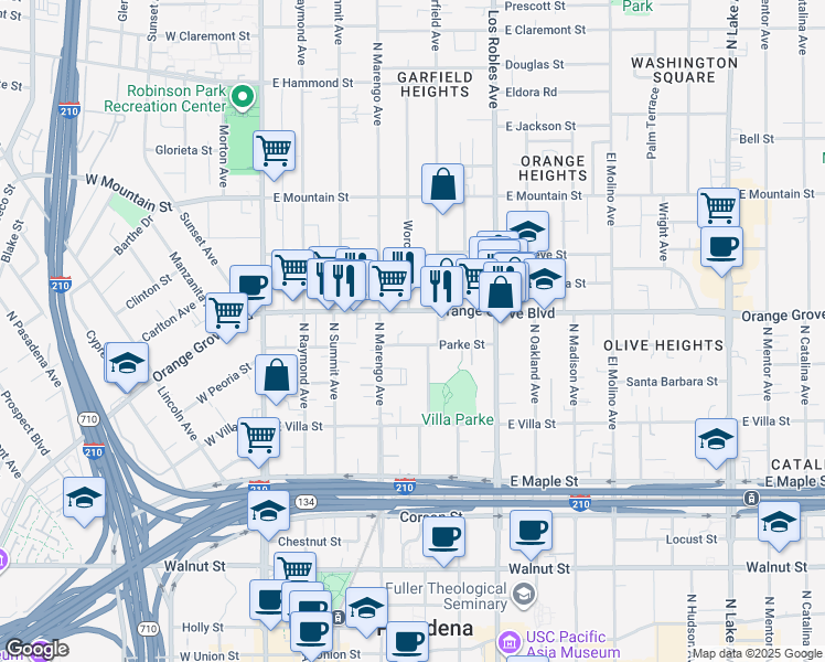 map of restaurants, bars, coffee shops, grocery stores, and more near 282 Parke Street in Pasadena