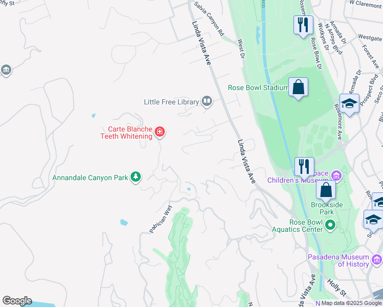 map of restaurants, bars, coffee shops, grocery stores, and more near 1460 Linda Ridge Road in Pasadena