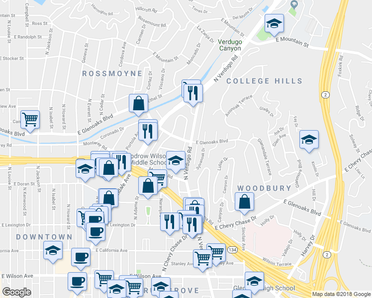 map of restaurants, bars, coffee shops, grocery stores, and more near 744 North Verdugo Road in Glendale