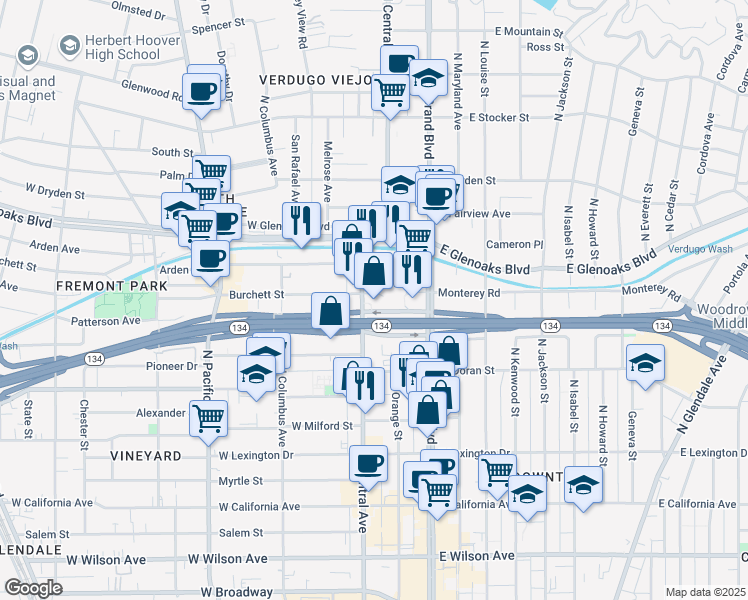 map of restaurants, bars, coffee shops, grocery stores, and more near 207 Goode Avenue in Glendale
