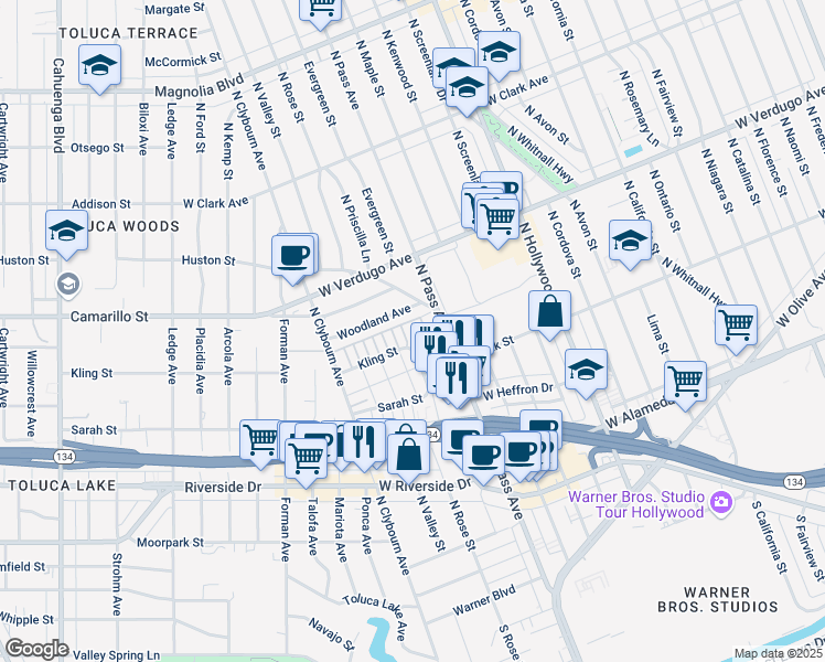 map of restaurants, bars, coffee shops, grocery stores, and more near 4210 West Kling Street in Burbank