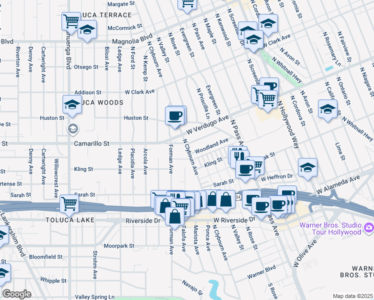 map of restaurants, bars, coffee shops, grocery stores, and more near 4722 Forman Avenue in Los Angeles