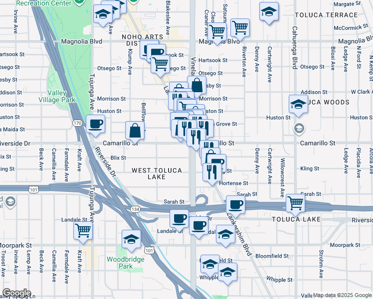 map of restaurants, bars, coffee shops, grocery stores, and more near 1014 Blix Street in Los Angeles
