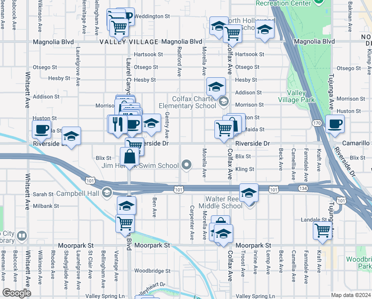 map of restaurants, bars, coffee shops, grocery stores, and more near 4720 Radford Avenue in Los Angeles