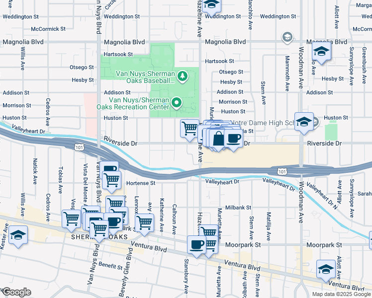 map of restaurants, bars, coffee shops, grocery stores, and more near 14130 Riverside Drive in Los Angeles