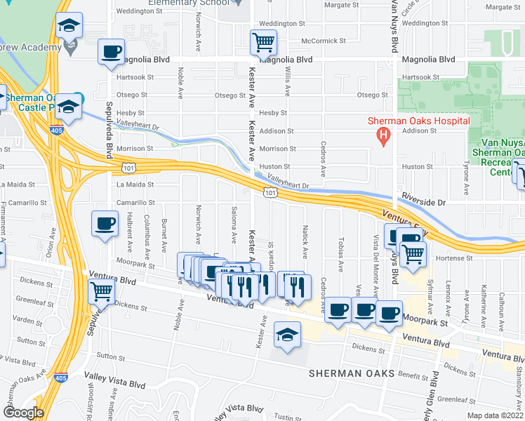 map of restaurants, bars, coffee shops, grocery stores, and more near 4724 Kester Avenue in Los Angeles