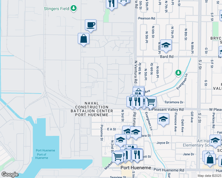 map of restaurants, bars, coffee shops, grocery stores, and more near 1001-1019 North Guam Drive in Port Hueneme