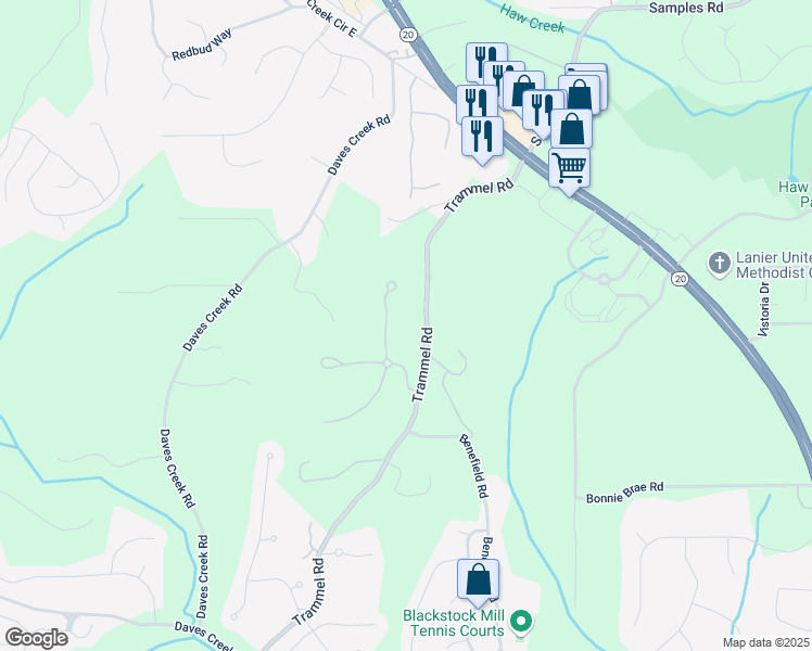 map of restaurants, bars, coffee shops, grocery stores, and more near 2220 Stirling Bridge Road in Cumming