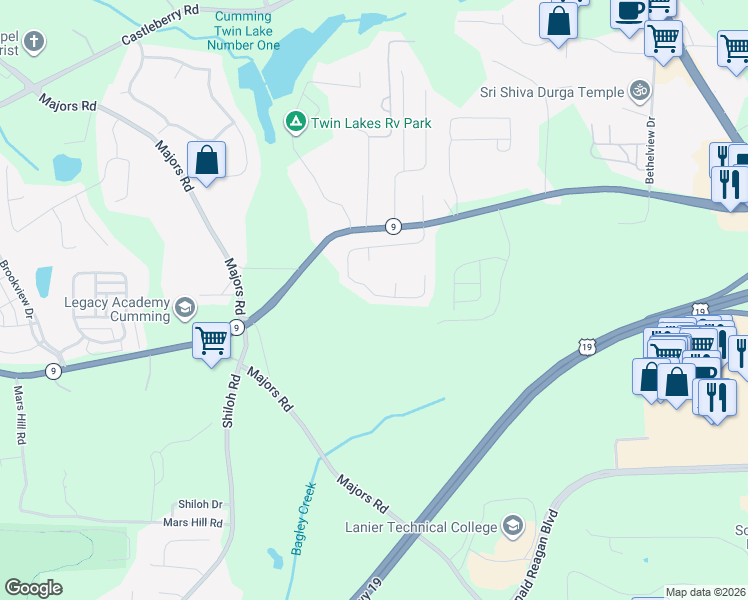 map of restaurants, bars, coffee shops, grocery stores, and more near 3078 Cross Creek Drive in Cumming