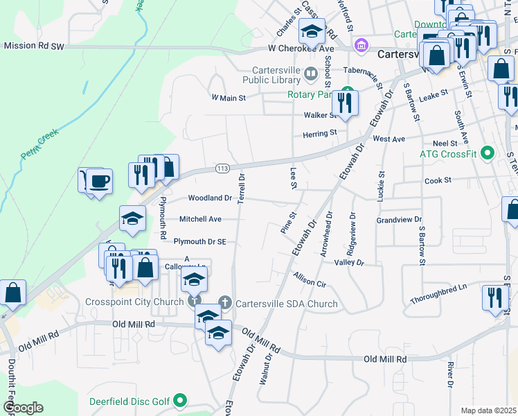 map of restaurants, bars, coffee shops, grocery stores, and more near 10 Woodland Drive in Cartersville