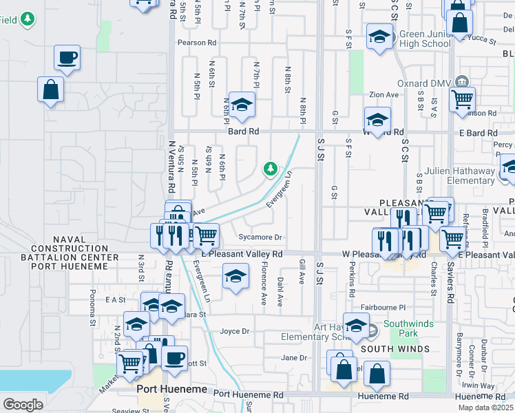 map of restaurants, bars, coffee shops, grocery stores, and more near 1055 Evergreen Lane in Port Hueneme