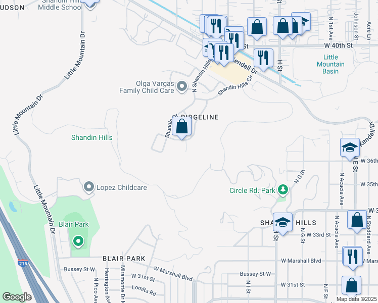 map of restaurants, bars, coffee shops, grocery stores, and more near 3617 North Valley Court in San Bernardino