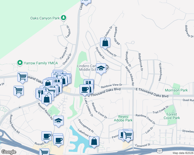 map of restaurants, bars, coffee shops, grocery stores, and more near 5815 Larboard Lane in Agoura Hills
