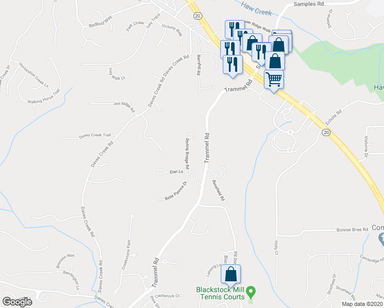 map of restaurants, bars, coffee shops, grocery stores, and more near 2220 Stirling Bridge Road in Cumming