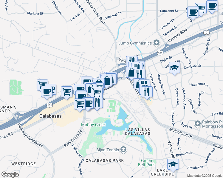 map of restaurants, bars, coffee shops, grocery stores, and more near 23391 Park Sorrento in Calabasas