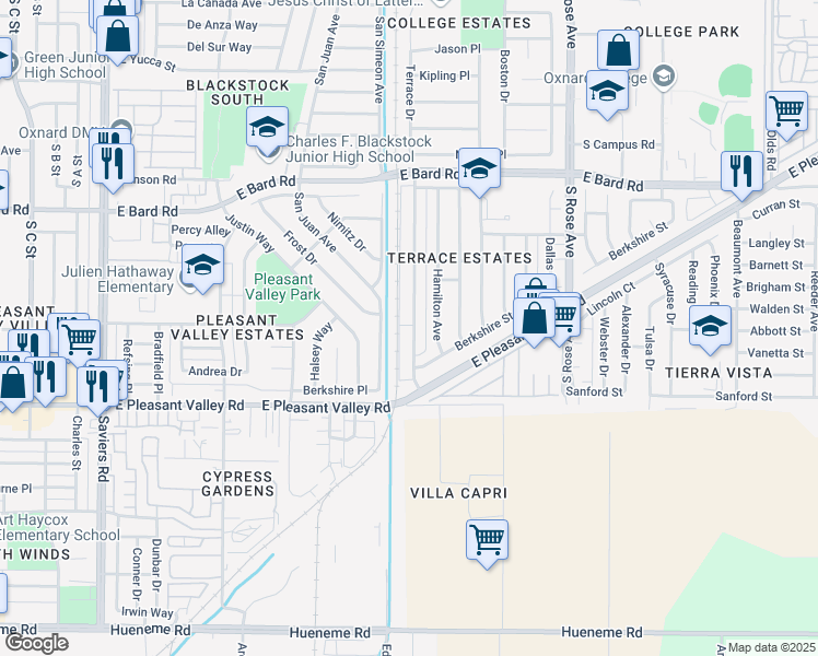 map of restaurants, bars, coffee shops, grocery stores, and more near 4801 Terrace Avenue in Oxnard