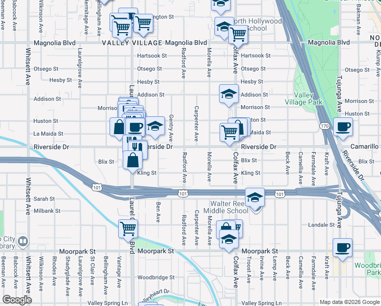 map of restaurants, bars, coffee shops, grocery stores, and more near 4720 Radford Avenue in Los Angeles