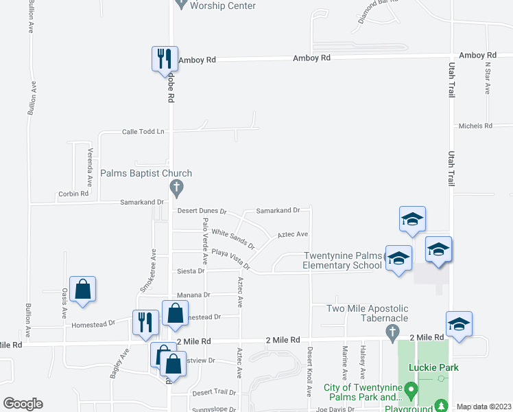 map of restaurants, bars, coffee shops, grocery stores, and more near 73944 Samarkand Drive in Twentynine Palms