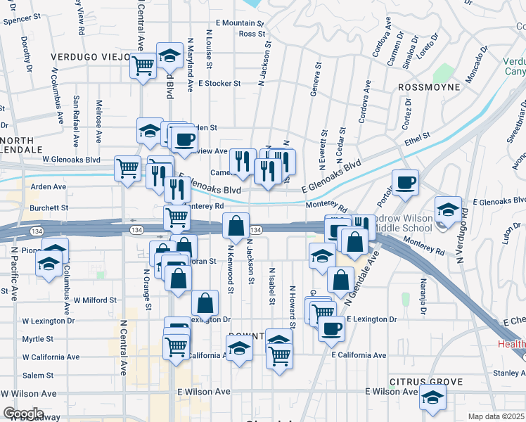 map of restaurants, bars, coffee shops, grocery stores, and more near 721 North Isabel Street in Glendale