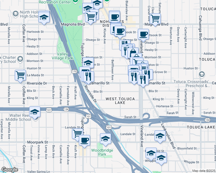 map of restaurants, bars, coffee shops, grocery stores, and more near 11218 Camarillo Street in Los Angeles