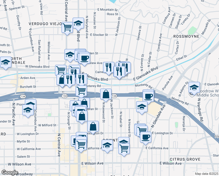 map of restaurants, bars, coffee shops, grocery stores, and more near 400 Monterey Road in Glendale