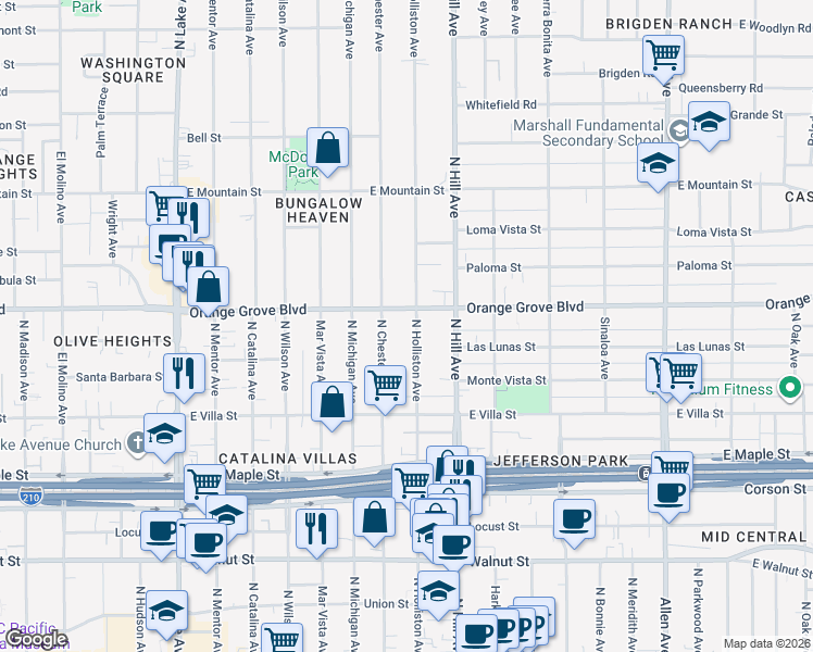 map of restaurants, bars, coffee shops, grocery stores, and more near 1310 East Orange Grove Boulevard in Pasadena